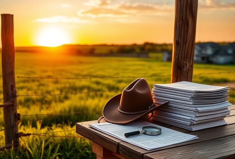 Texas ranch sunset with Houston suburb, cowboy hat, lasso, and Onwell property tax documents