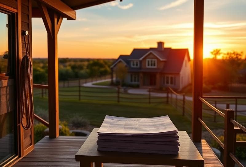 Sunset over a Texas ranch with a Houston suburban home, lasso on fence, and property