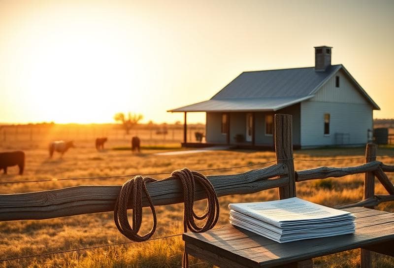 Sunlit Texas ranch with rustic home, grazing cattle, and lasso-draped fence, symbolizing low property tax
