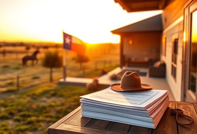 Texas ranch sunset with Houston-style home, property documents, and cowboy hat on fence, symbolizing corporate