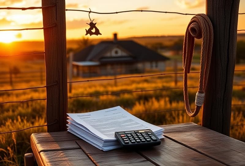 Texas ranch sunset with property tax documents, calculator, and lasso on a rustic table, symbolizing