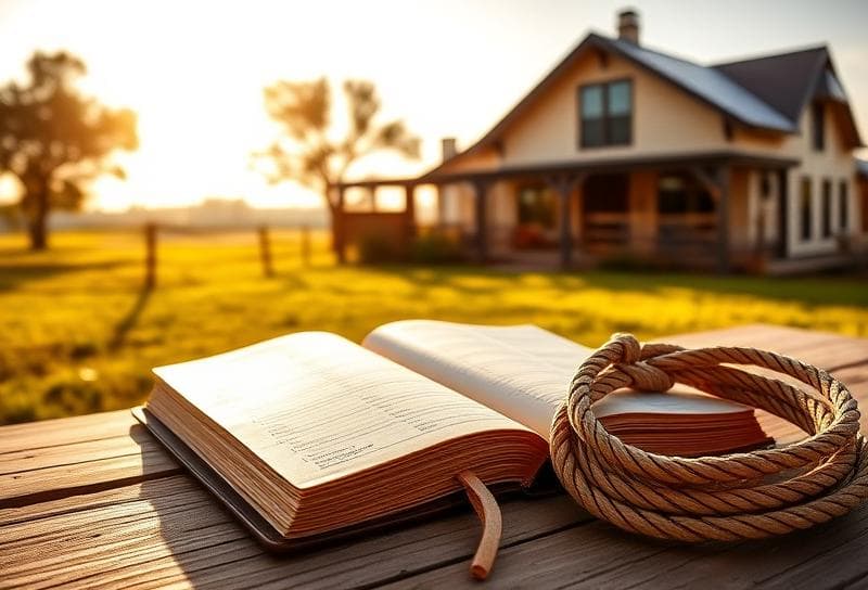 Weathered ledger and lasso on rustic table with Houston ranch home, symbolizing Novotny property tax