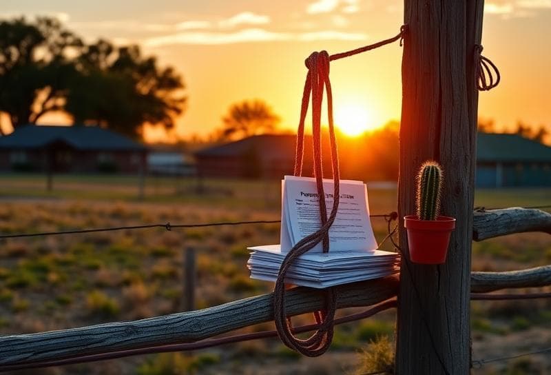 Sunset over a Texas ranch with a lasso, property tax documents, and suburban Houston blending