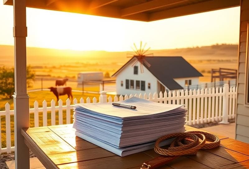 Texas ranch home with property tax documents, lasso, and longhorn cow under golden-hour light.