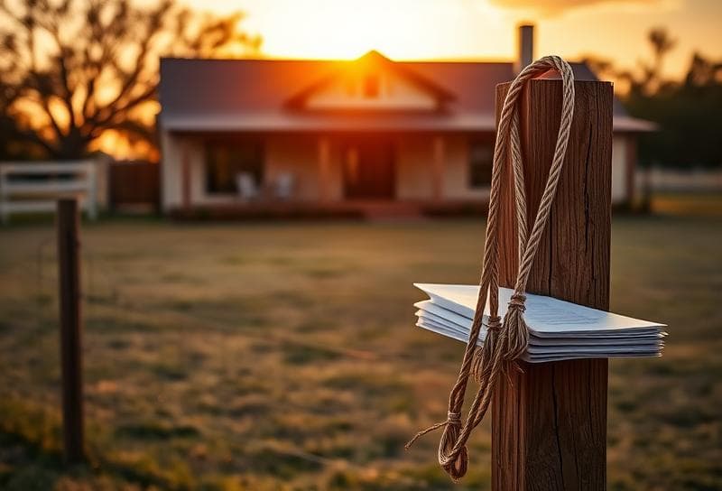 Sunset over a Texas ranch with a Houston-style home, lasso on fence, and property tax