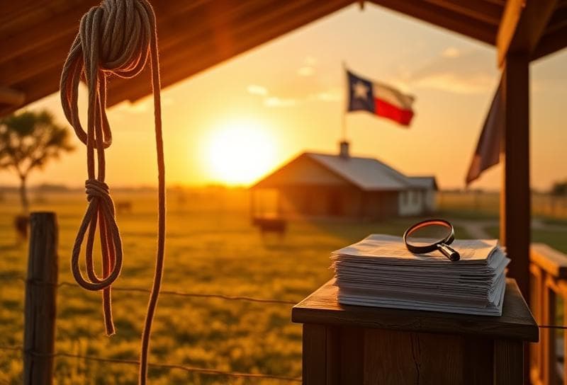Texas ranch sunset with property tax documents, lasso, and Houston-style ranch house symbolizing property tax