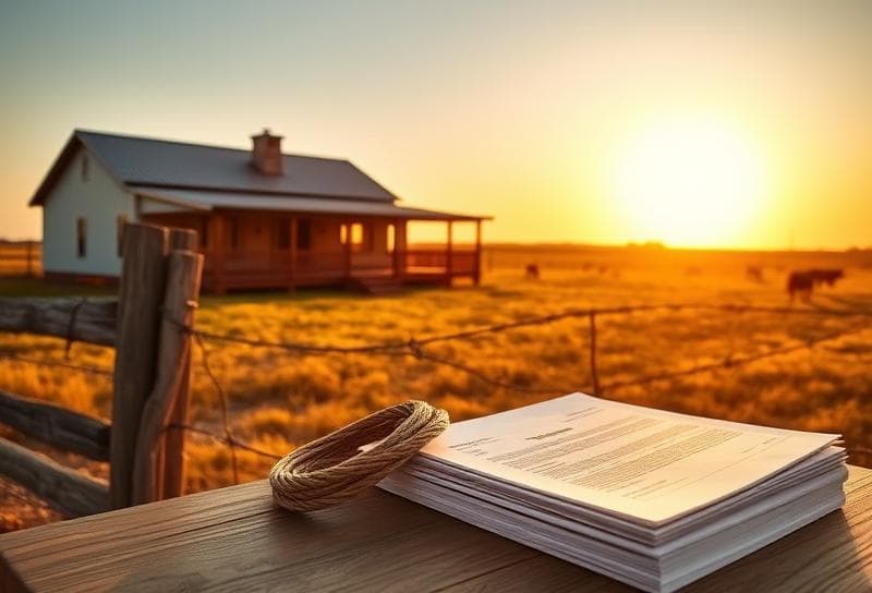 Sunlit Texas ranch with grazing cattle, wooden fence, lasso, and property tax documents on a