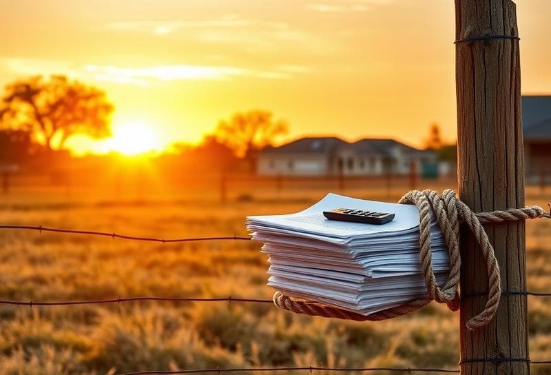 Sunset Texas ranch with property tax documents, calculator, and lasso near Houston suburbs, symbolizing Collins