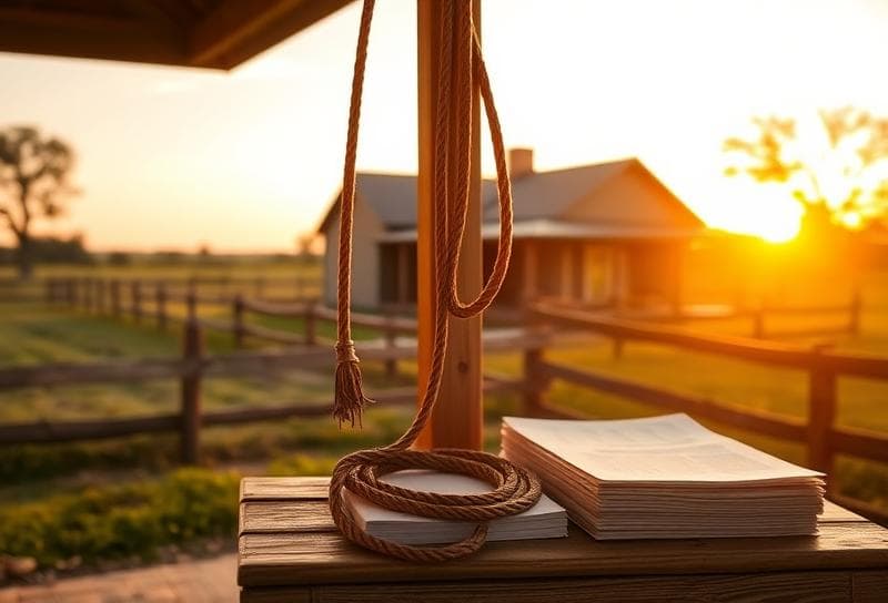 Texas ranch sunset with lasso on fence, homestead exemption documents on rustic porch table.