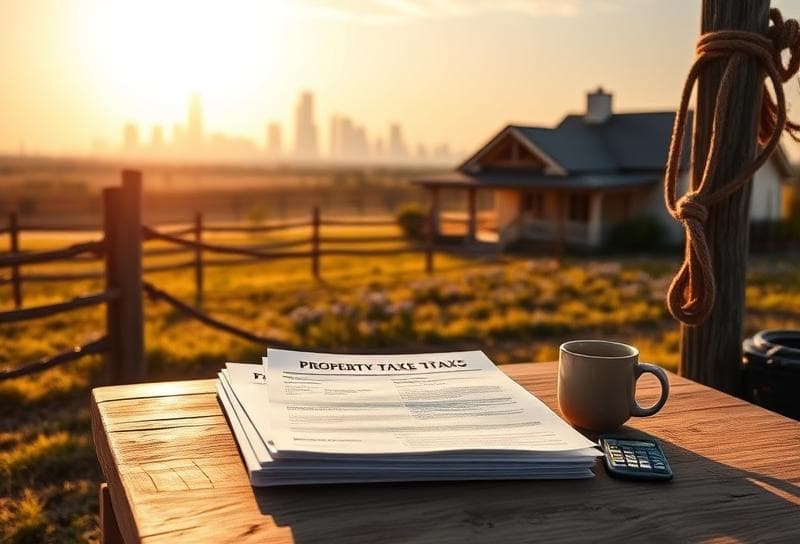 Texas ranch home with Houston skyline, lasso on fence, and property tax documents for reducing