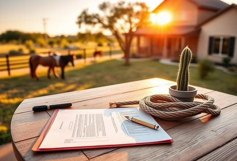 Texas ranch scene with tax office documents, calculator, and lasso on a wooden table.