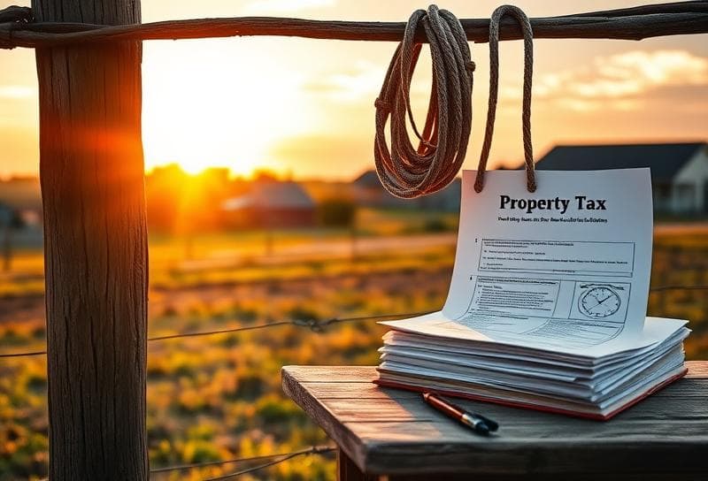 Serene Texas ranch sunset with Houston suburbs, lasso on fence, and property tax documents organized