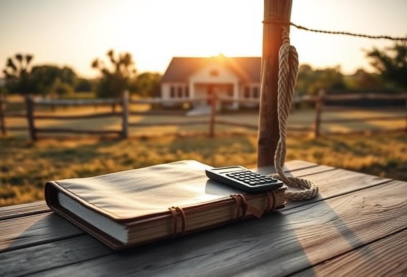 Texas ranch sunset with Houston-style home, lasso on fence, and property tax tools for free