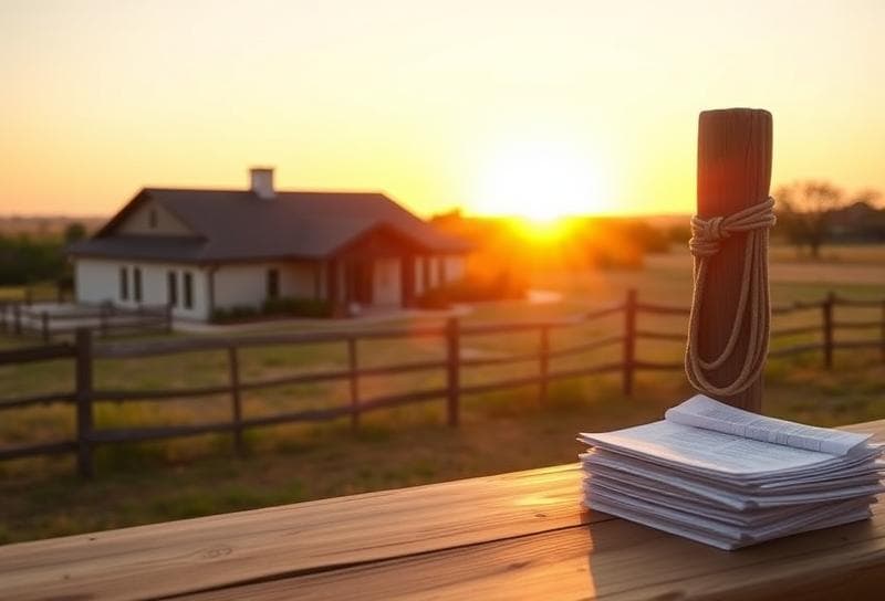 Texas ranch sunset with modern Houston home, lasso on fence, and property tax documents