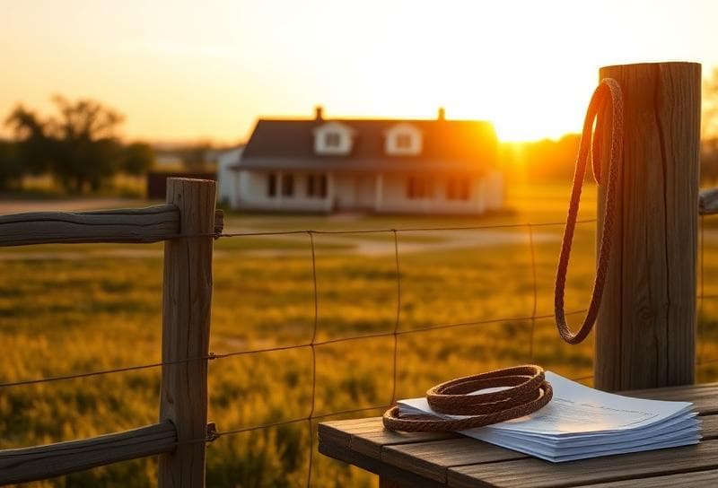 Golden hour Texas ranch with a lasso, property tax documents, and a classic ranch-style home
