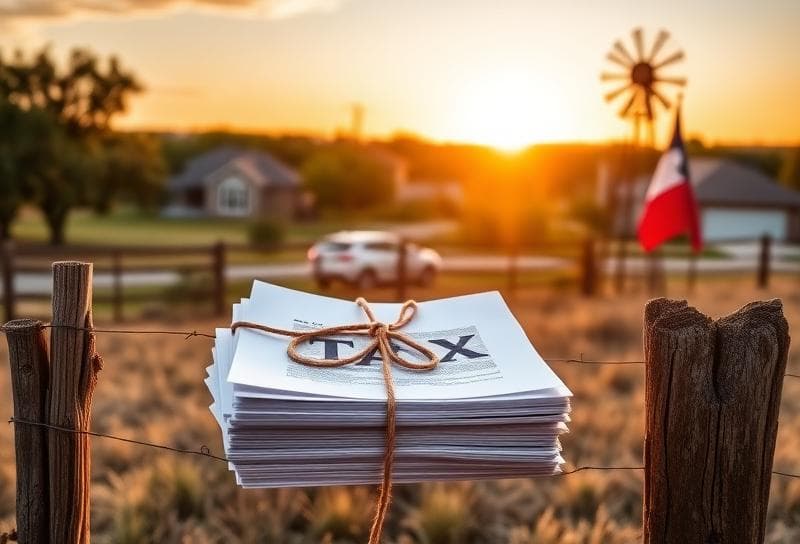 Texas ranch sunset with property tax documents tied by a lasso, symbolizing taxprotest empowerment for