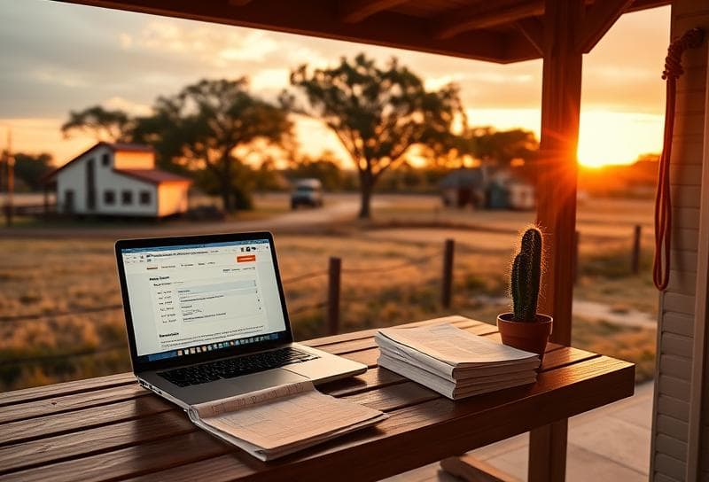 Texas ranch sunset with modern Houston suburb, desk featuring tax computation tools and western decor.