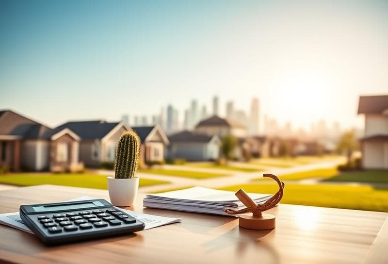 Modern Houston suburban neighborhood with a desk featuring property tax documents, a calculator, and a