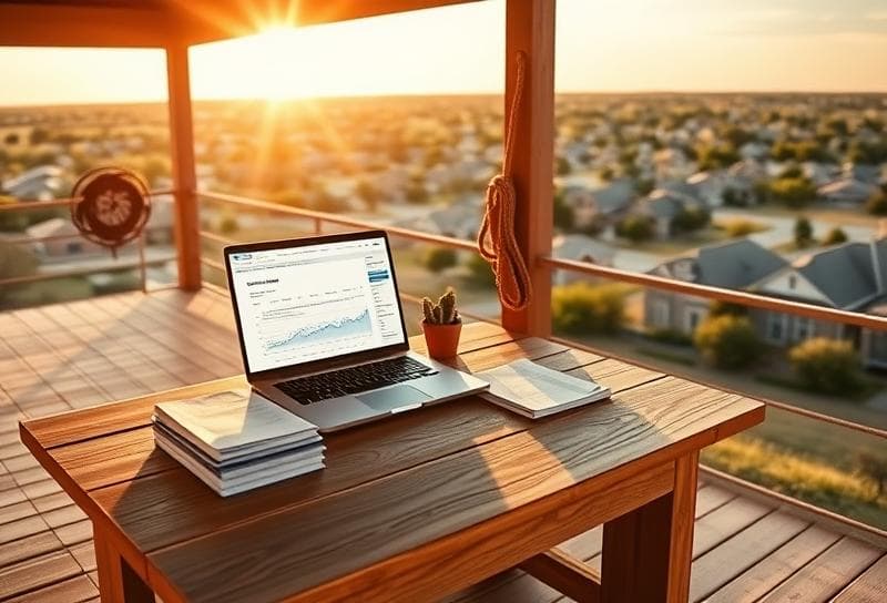 Rustic Texas ranch desk with laptop tracking rental property expenses, lasso decor, and suburban view.
