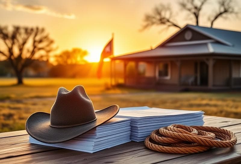 Texas ranch house at sunset with property tax documents, cowboy hat, and lasso symbolizing real