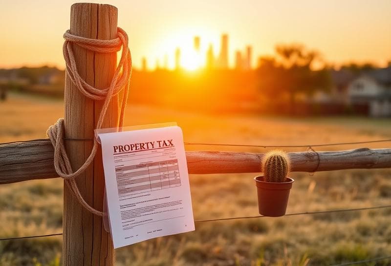 Texas ranch sunset with Houston skyline, lasso on fence, and property tax document symbolizing expert