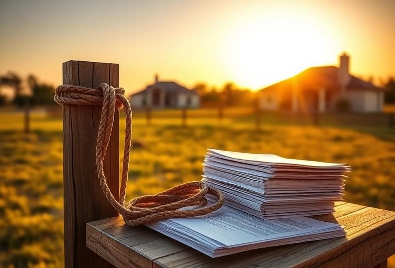 Sunlit Texas ranch with suburban home, lasso on fence, and property tax documents symbolizing tax