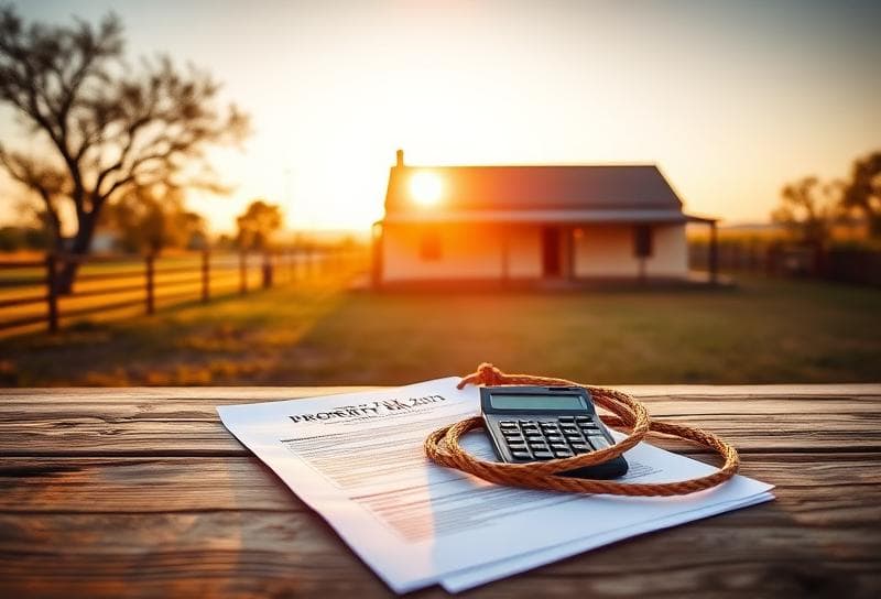 Sunlit Texas ranch with property tax documents, calculator, and lasso for personal property tax appeal.
