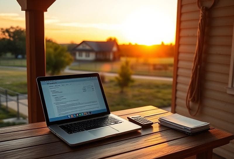 Sunset Texas ranch with Houston suburb, desk with property tax documents and lasso, emphasizing certified