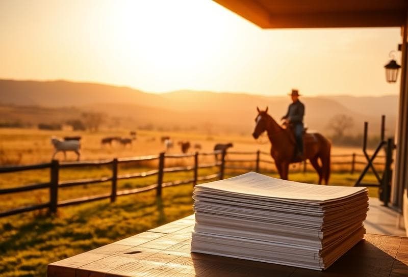 Texas ranch with Houston-style home, cowboy herding cattle, and property tax documents on porch, symbolizing
