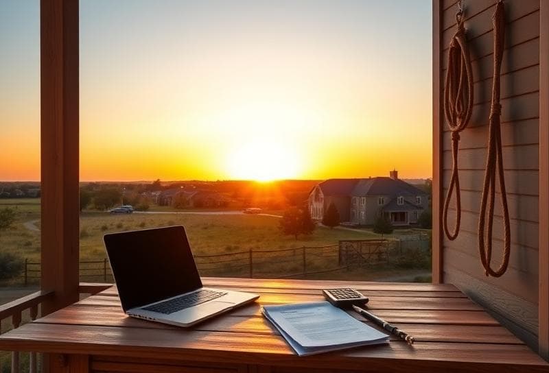 Sunset Texas ranch with suburban Houston backdrop, desk with ad valorem tax documents and lasso