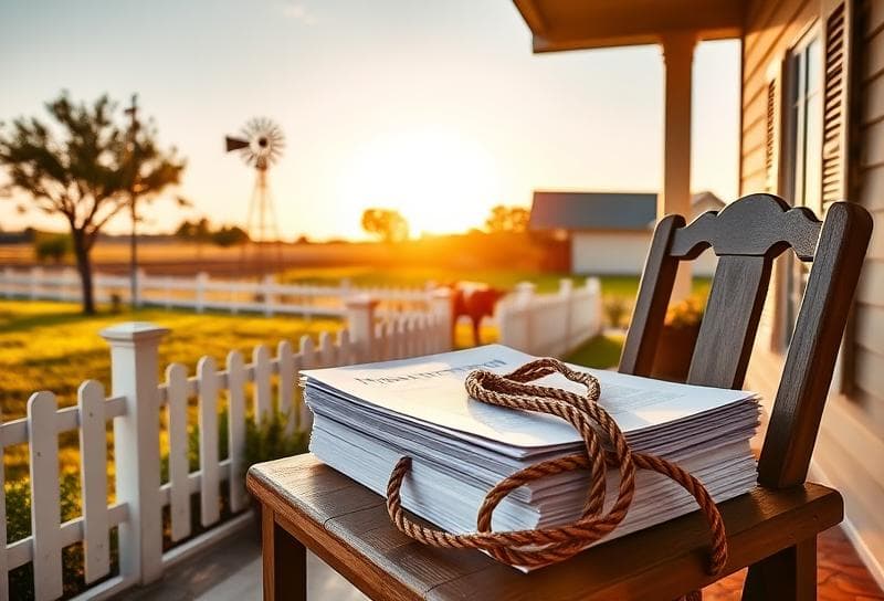 Suburban Houston home with property documents, lasso, and Texas windmill symbolizing public records property ownership.