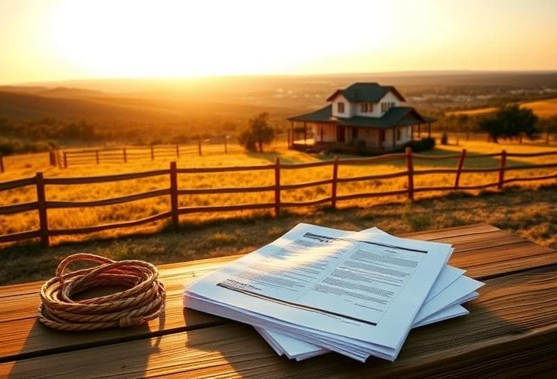 Texas ranch home with Houston skyline, property records, and lasso on rustic table.