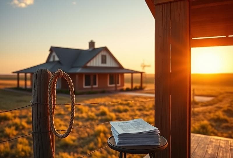 Golden hour Texas ranch with rustic farmhouse, lasso on fence, and property tax documents on