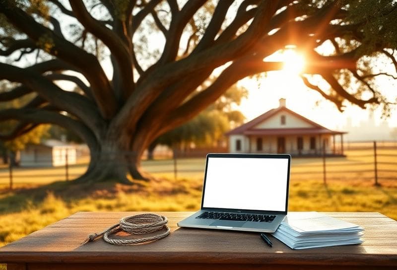 Rustic Texas ranch setup with laptop for virtual Harris County ARB hearings, lasso, and tax