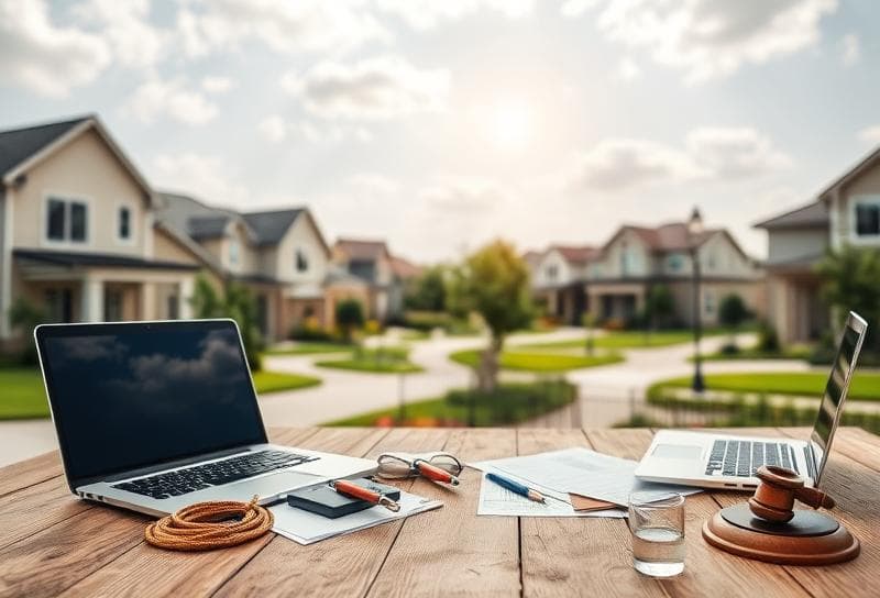Modern Houston suburban neighborhood with a rustic desk featuring legal documents, a calculator, and western