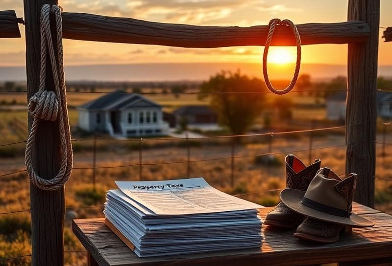 Serene Texas ranch sunset with Houston suburbs, lasso on fence, and property tax documents