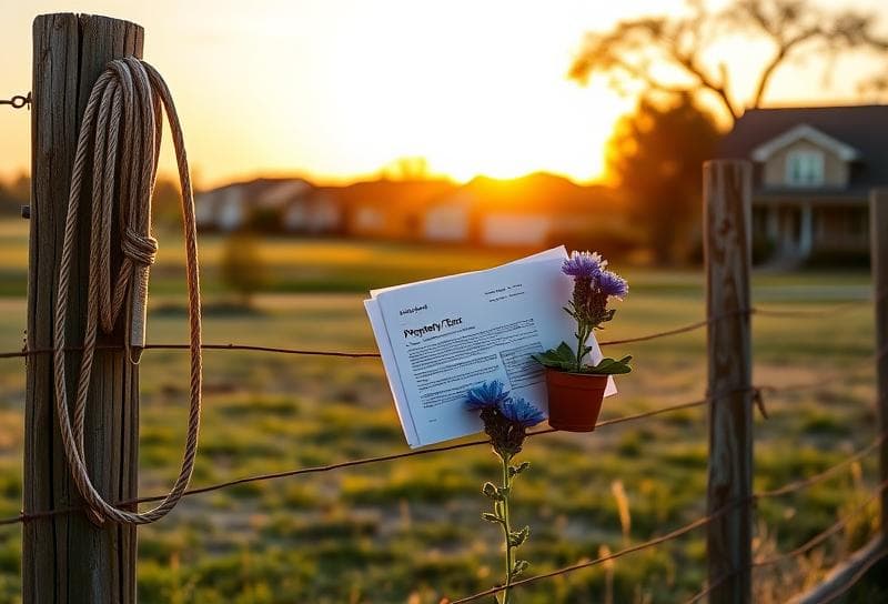 Sunset over a Texas ranch with a Houston suburb, lasso on a fence, and property