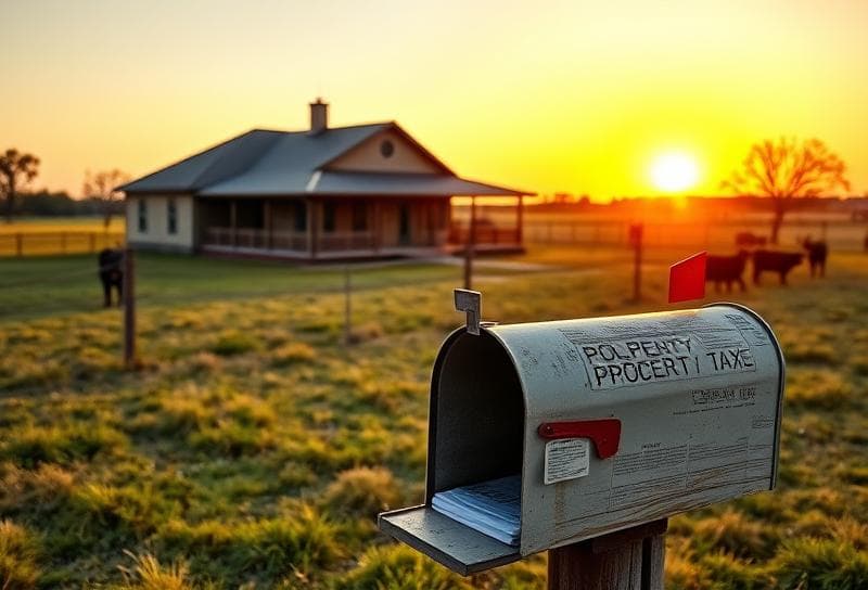 Texas ranch at sunset with property tax documents on a rustic mailbox, grazing cattle in