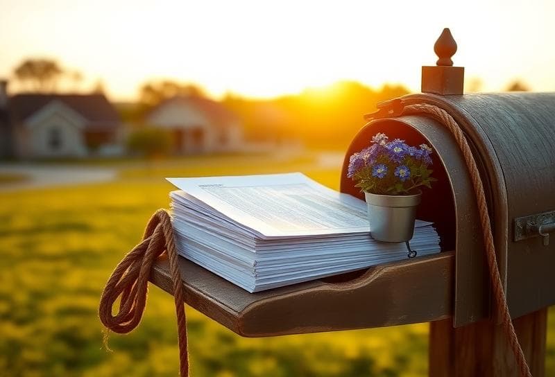 Weathered wooden mailbox with a lasso, bluebonnets, and property tax documents in a Texas ranch
