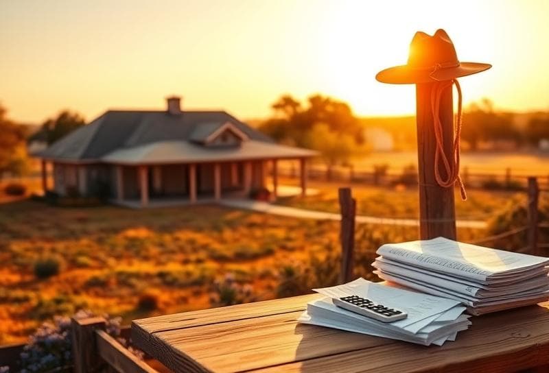 Texas ranch home with cowboy hat, lasso, and property tax documents, symbolizing Houston's heritage