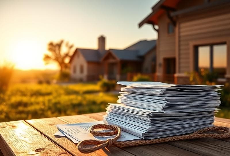 Sunlit Texas ranch with Houston suburban home, property tax documents, and lasso on rustic table.