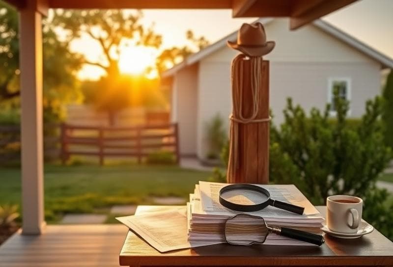 Sunlit Houston ranch home with property tax documents, cowboy hat, and lasso on wooden post.