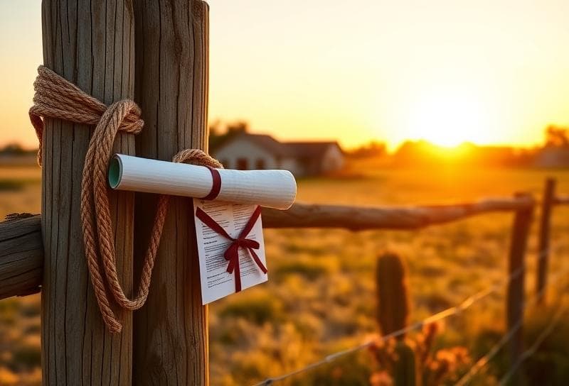 Sunlit Texas ranch with Houston suburbs, lasso on fence, and property tax document tied with