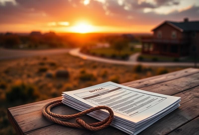 Texas ranch sunset with property documents and lasso, highlighting how to describe property under protest