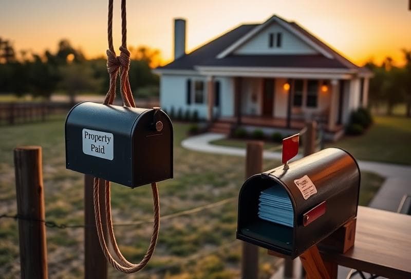 Texas ranch sunset with modern Houston home, lasso on fence, and property tax documents on