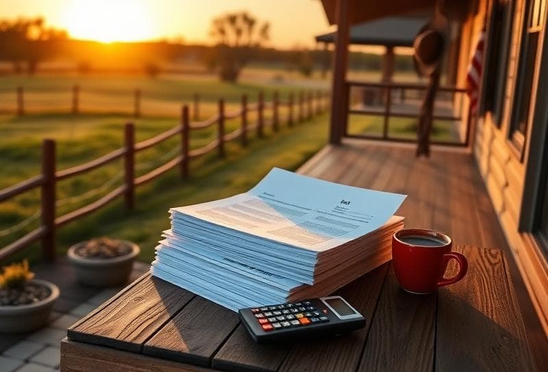 Texas ranch sunset with property tax documents, calculator, and cowboy hat on fence post.