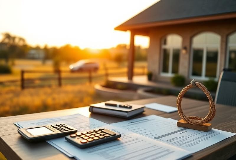 Sunlit Texas ranch with suburban home, desk with property tax assessment appeal documents and lasso