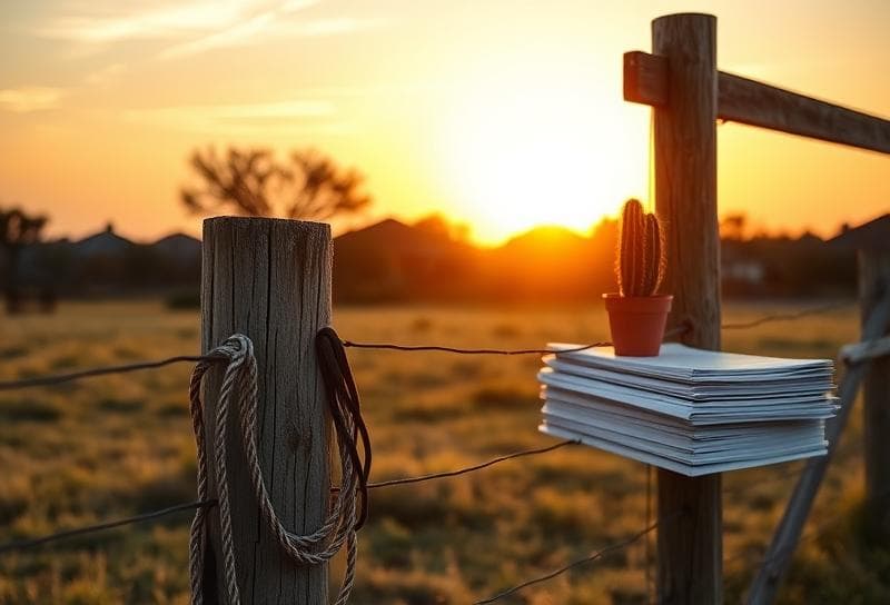 Sunset over a Texas ranch with a lasso, property tax documents, and a potted cactus