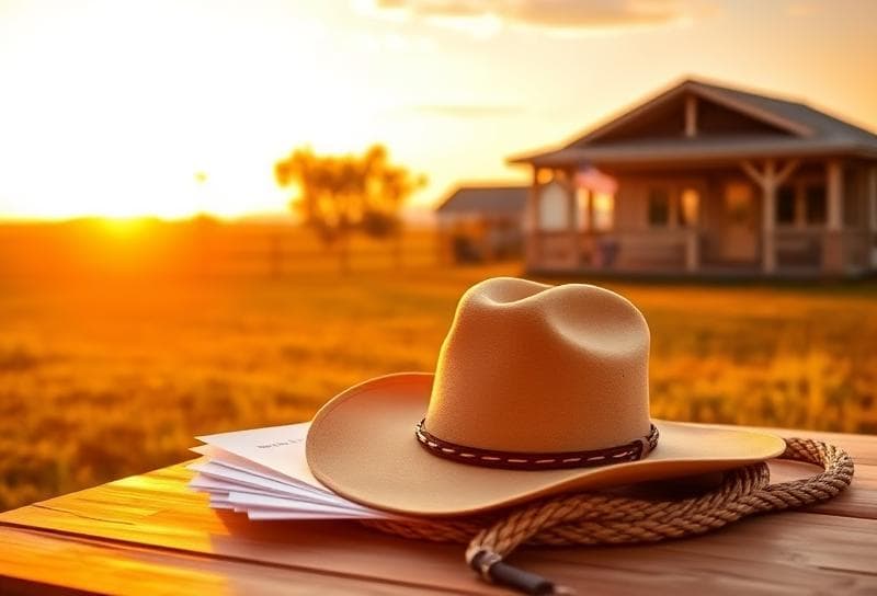 Cowboy hat and lasso on property documents at a Houston ranch sunset, highlighting personal property.