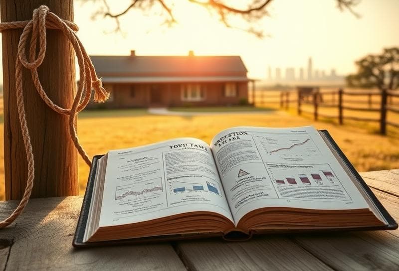Texas ranch home with property tax diagrams, lasso on fence, and Houston skyline in the background